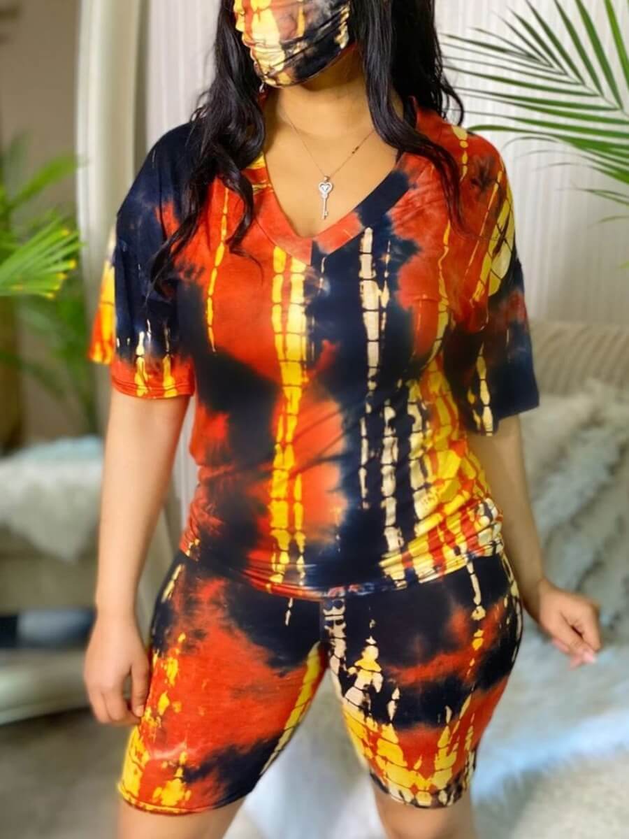 

Lovely Casual V Neck Tie Dye Orange Two Piece Shorts Set
