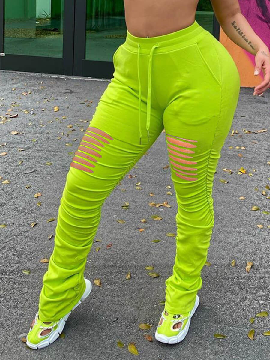 

Lovely Casual Ripped Fold Design Grass Green Plus Size Pants
