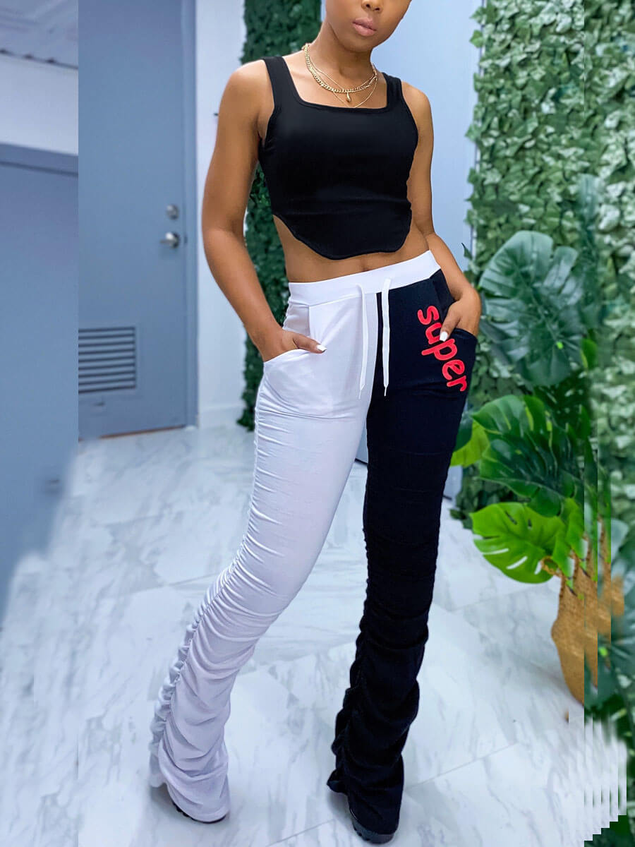 

Lovely Casual Square Neck Patchwork Fold Design Black Two Piece Pants Set