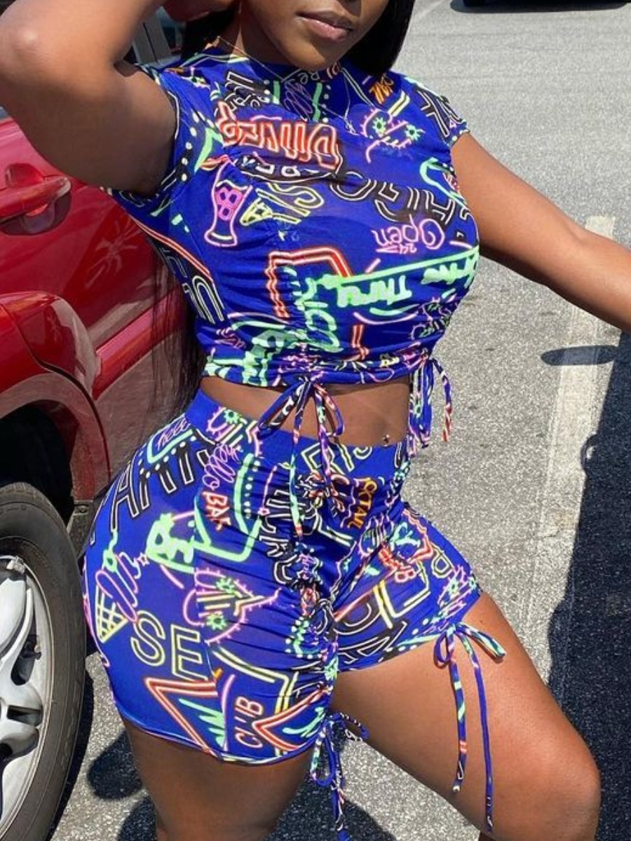 

Lovely Street Letter Print Drawstring Blue Two Piece Shorts Set