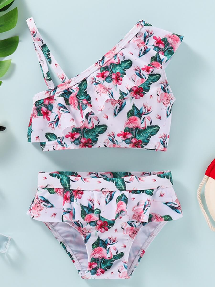 

Lovely Casual Flounce Design Floral Print White Girl Two-piece Swimsuit