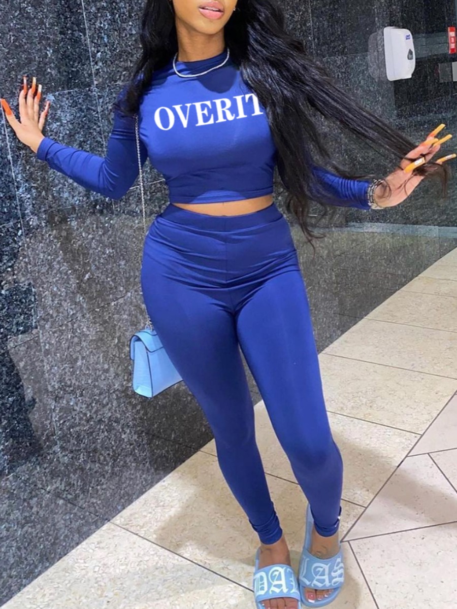 

LW Chic O Neck Letter Print Blue Two Piece Pants Set
