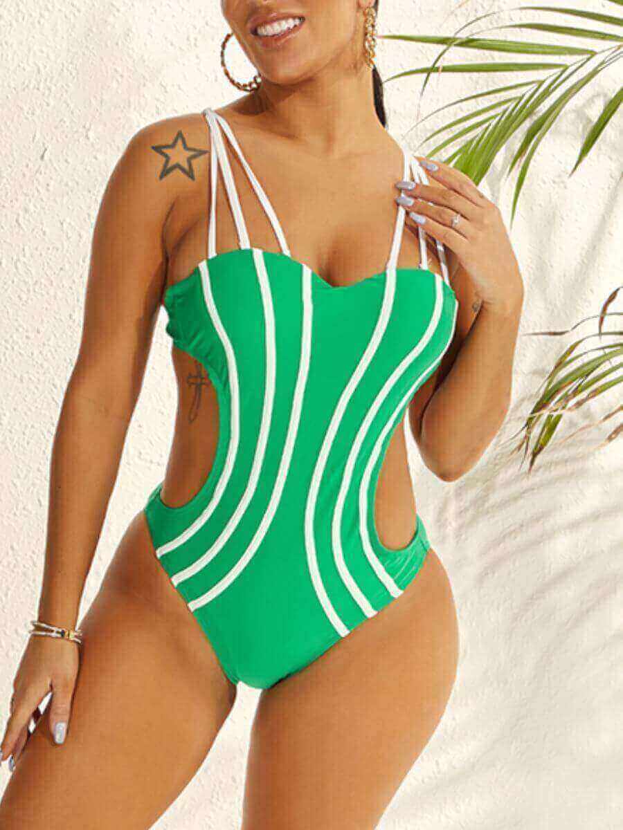 

LW Casual Bandage Design Striped Green One-piece Swimsuit