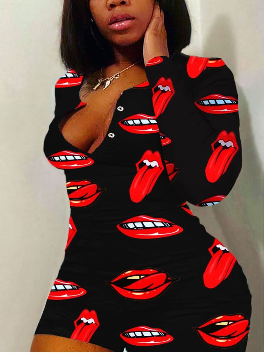 

Lovely Plus Size Casual Lip Print Black One-piece Romper