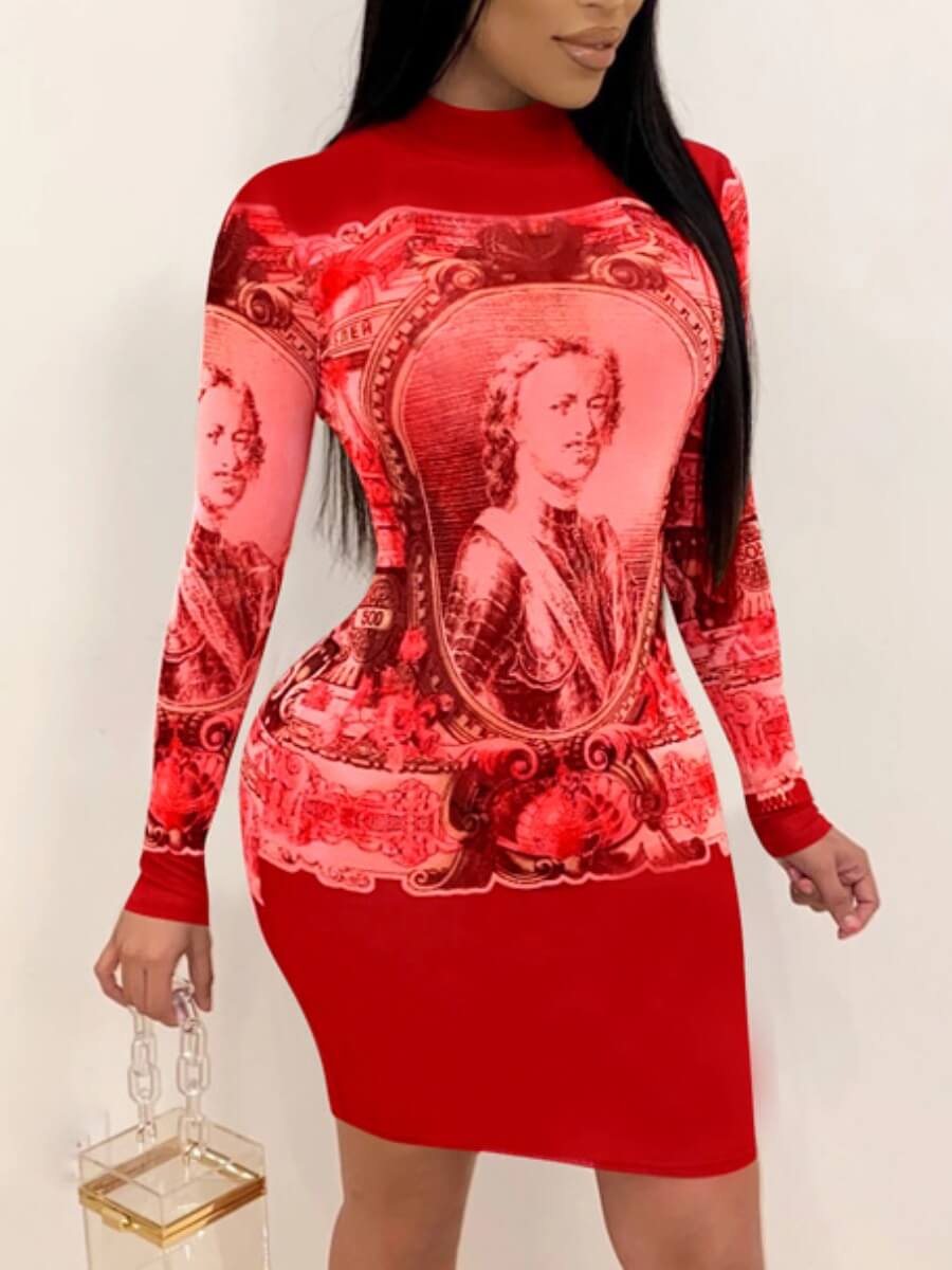 

Lovely Street O Neck Graffiti Print Red Skinny Knee Length Dress