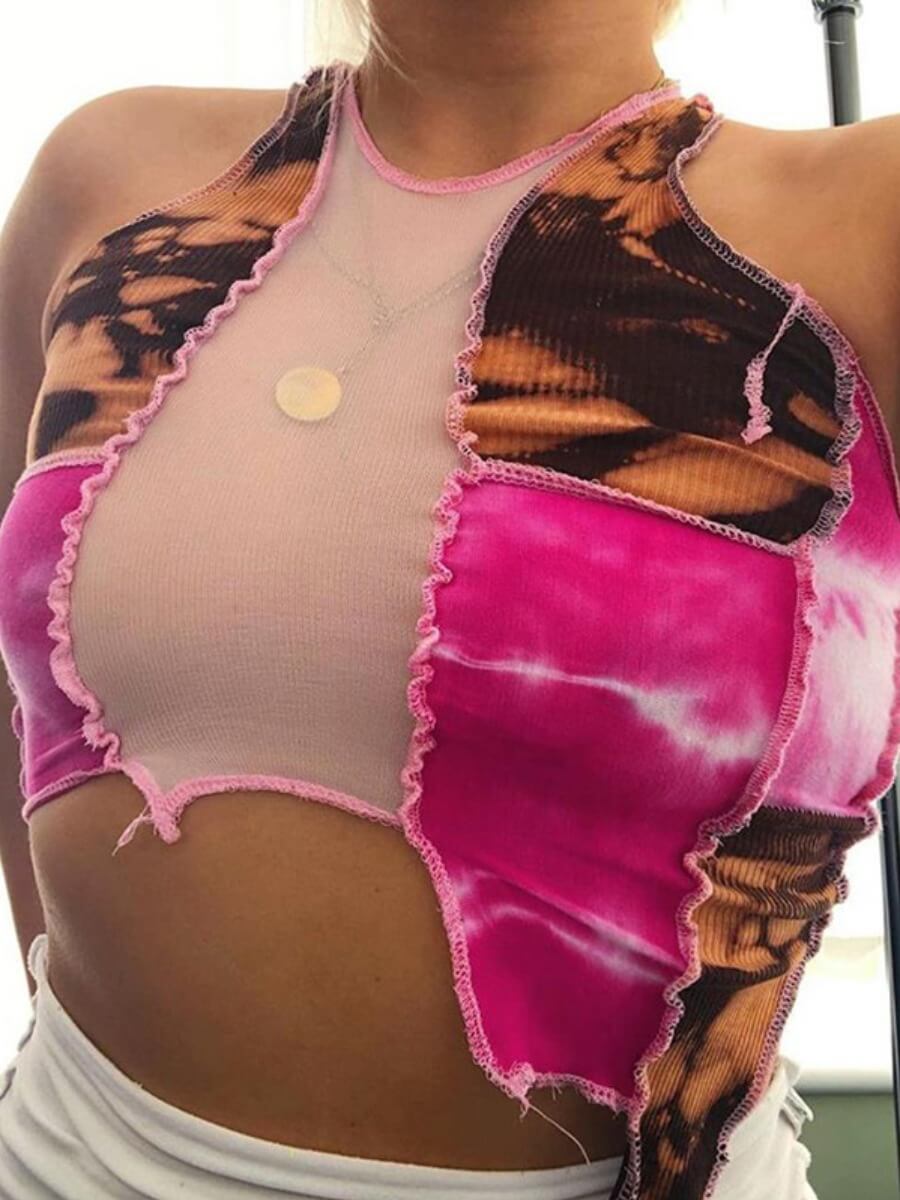 

Lovely Street Print Patchwork Asymmetrical Rose Red Camisole