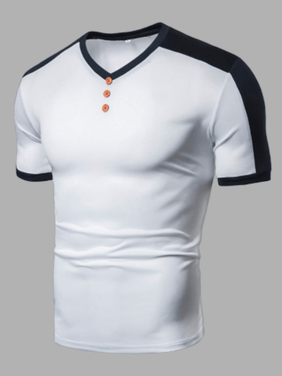 

LW Men Work V Neck Patchwork Button Design White T-shirt