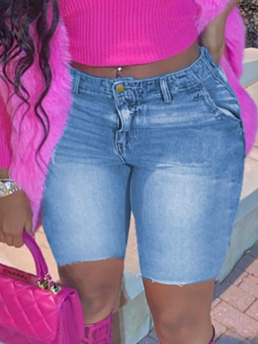 

Lovely Casual Mid Waist Gradient Blue Plus Size Denim Shorts