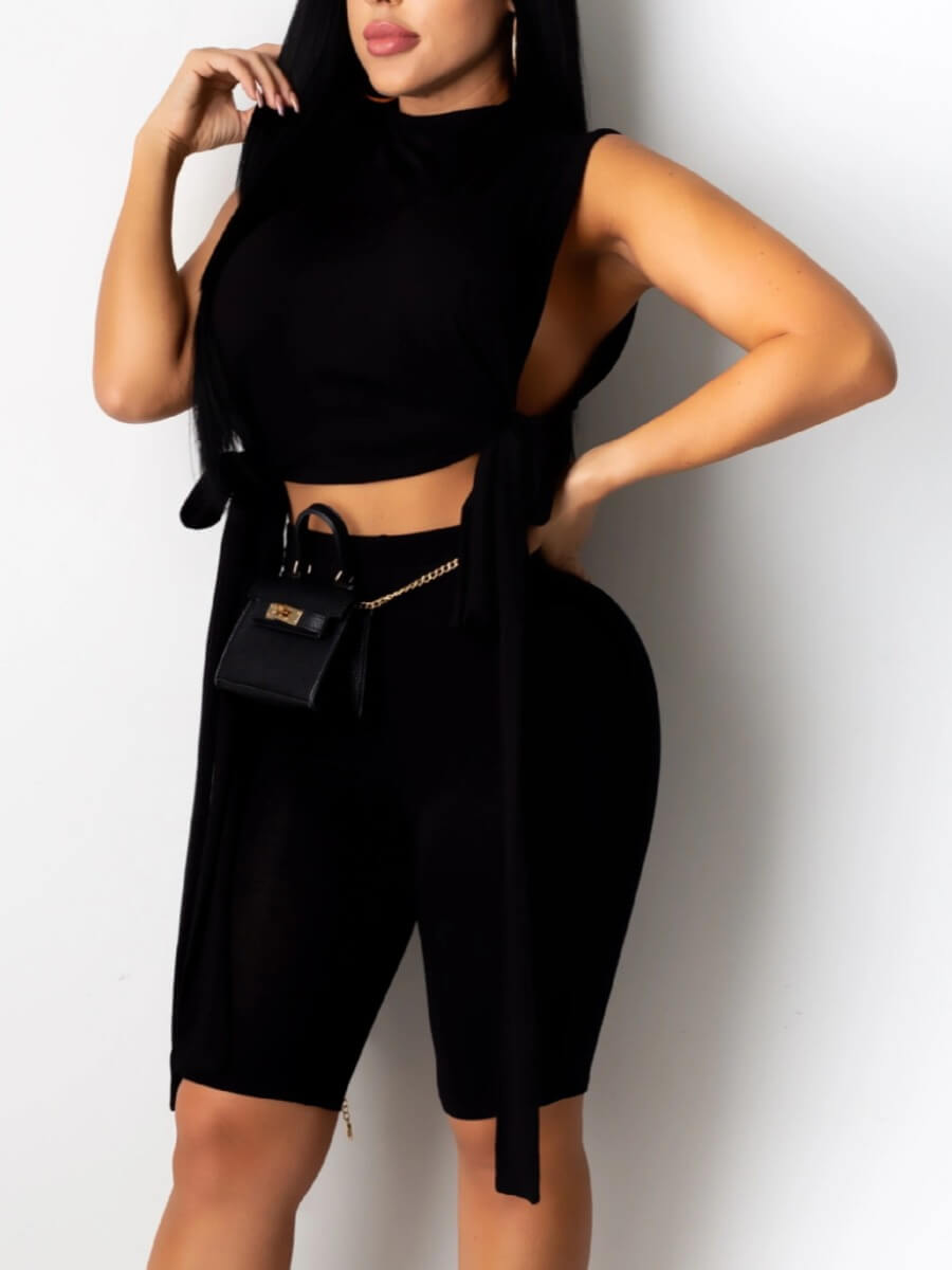 

Lovely Casual Turtleneck Bandage Design Black Two Piece Shorts Set