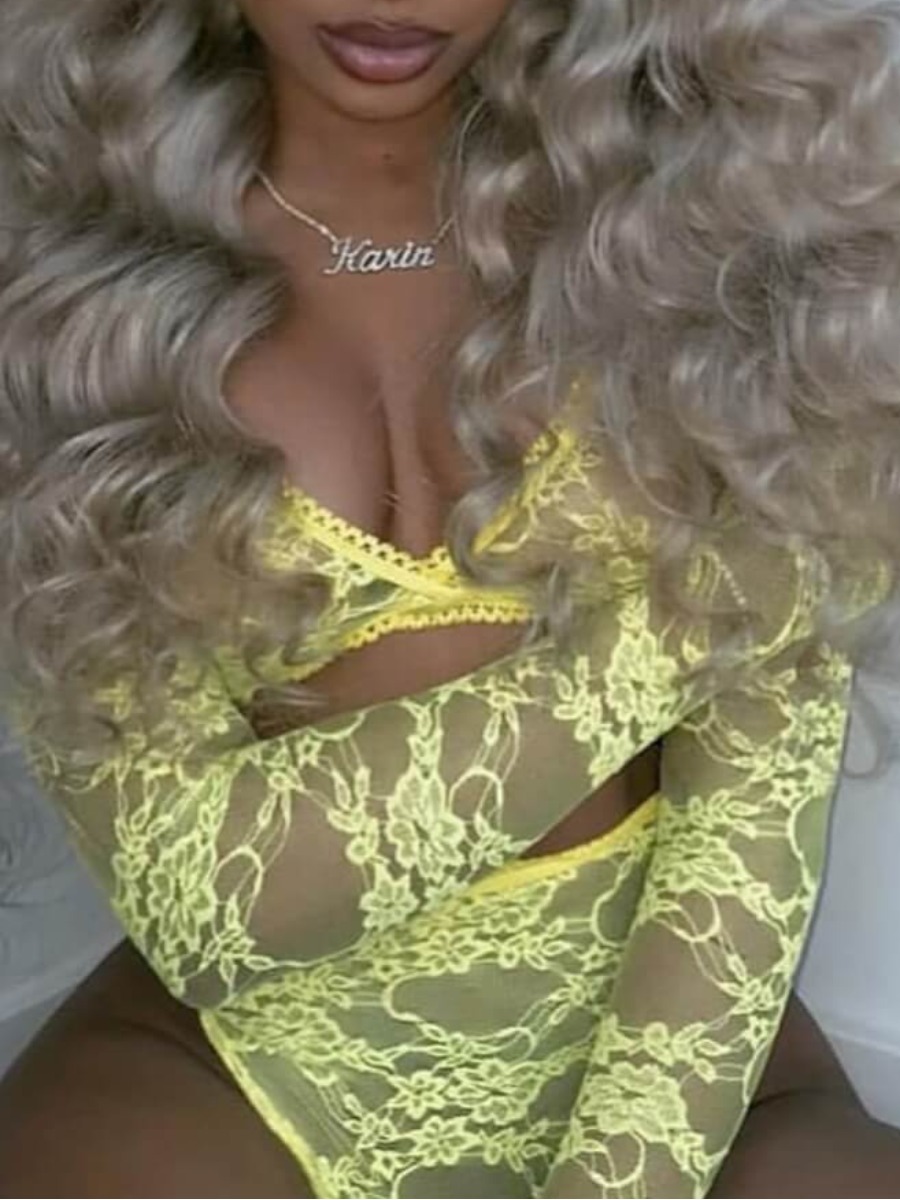

Lovely Sexy V Neck See-through Yellow Bra Sets
