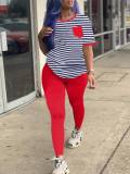 LW Casual O Neck Striped Patchwork Red Two Piece Pants Set