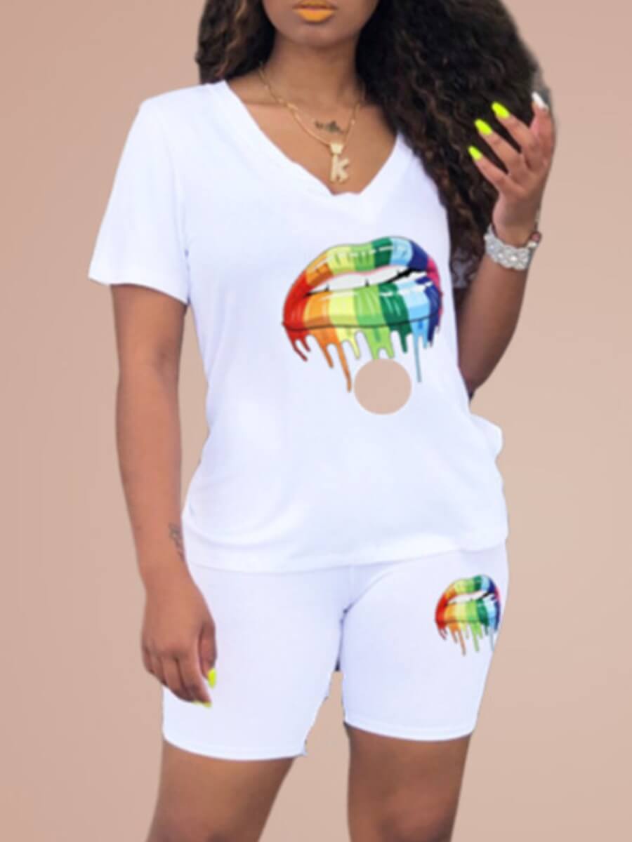 

Lovely Casual V Neck Lip Print White Two Piece Shorts Set