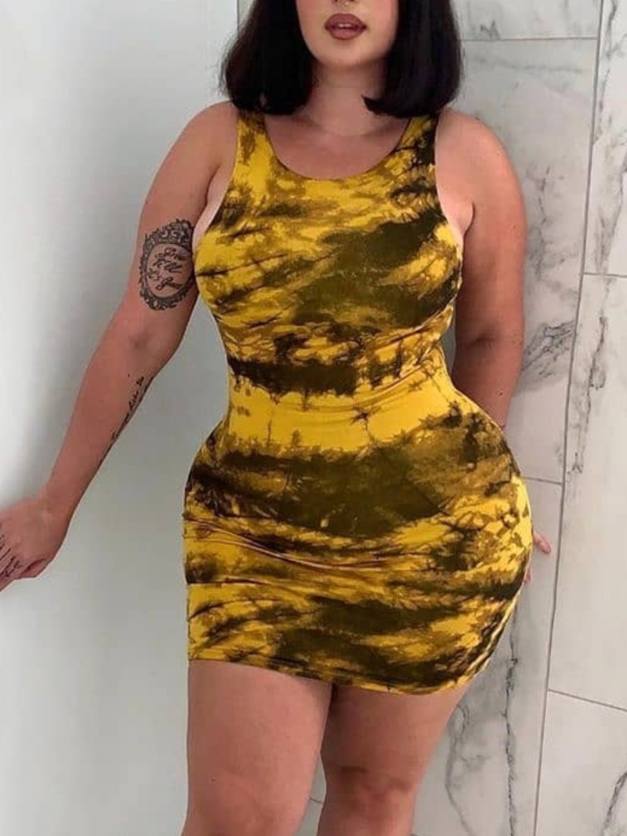 

Lovely Plus Size Casual O Neck Tie-dye Yellow Mini Dress