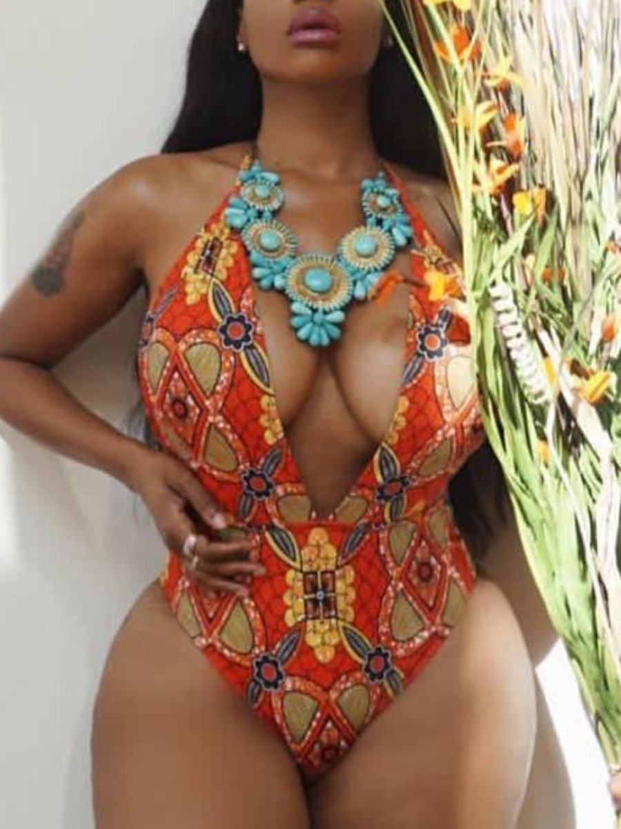 

LW BASICS Trendy Backless Deep V Neck Geometric Print Multicolor One-piece Swimsuit, Multi