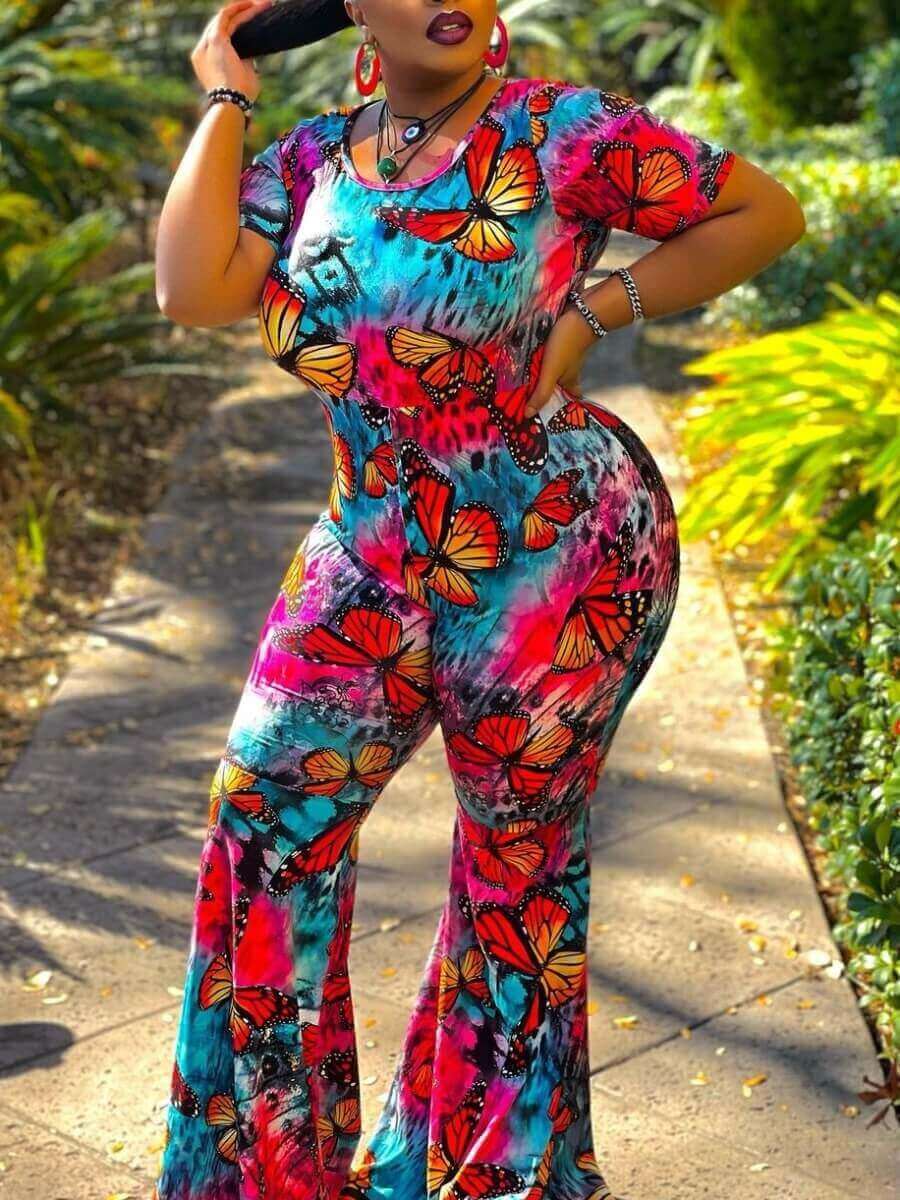 

Lovely Plus Size Casual Flared Butterfly Print Multicolor One-piece Jumpsuit, Multi
