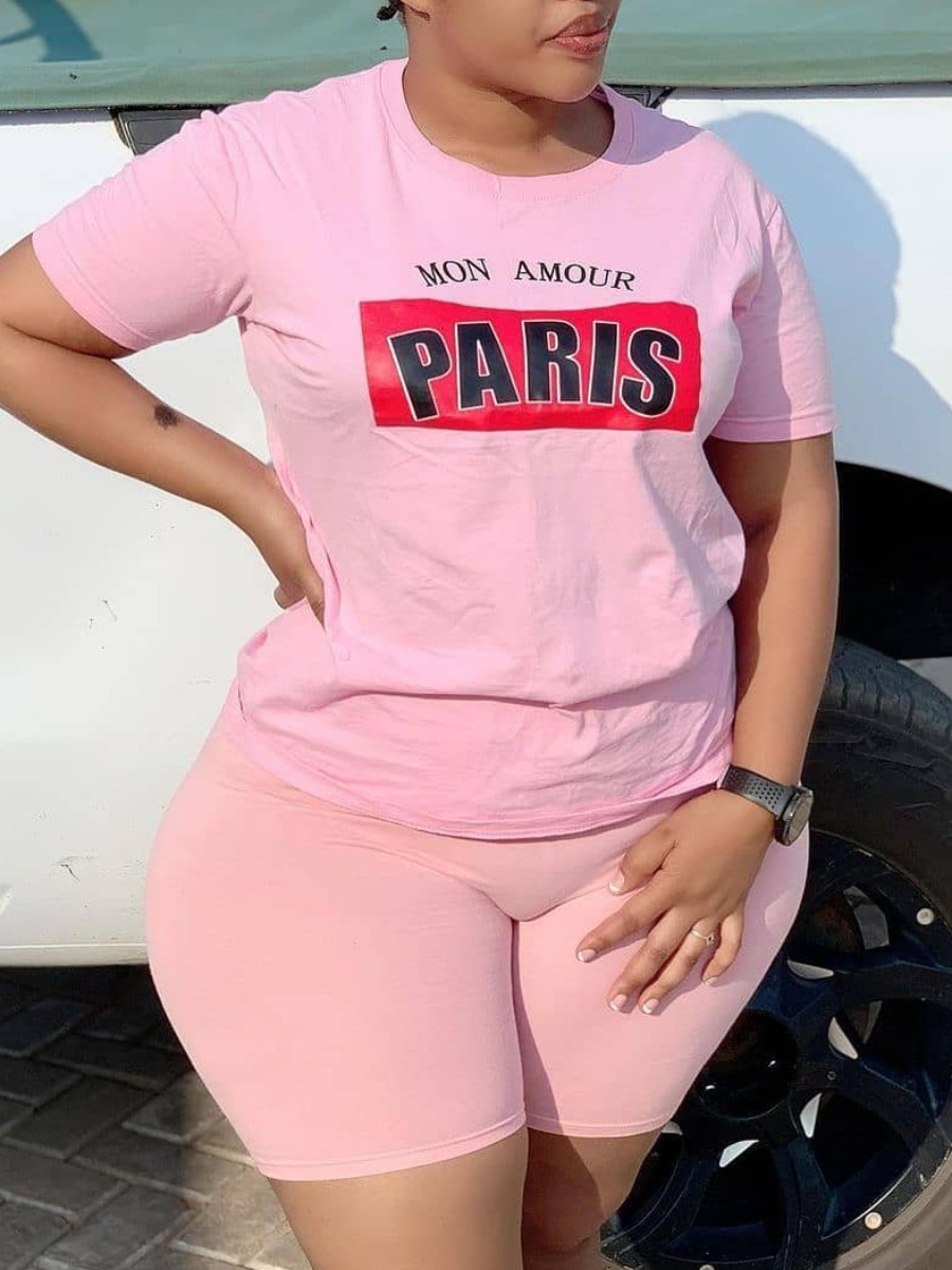 

LW Plus Size Casual O Neck Letter Print Pink Two-piece Shorts Set