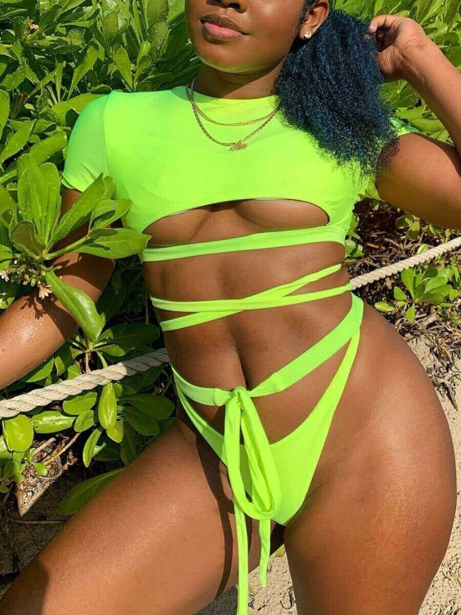 

Lovely Chic Bandage Hollow-out Design Green Tankini