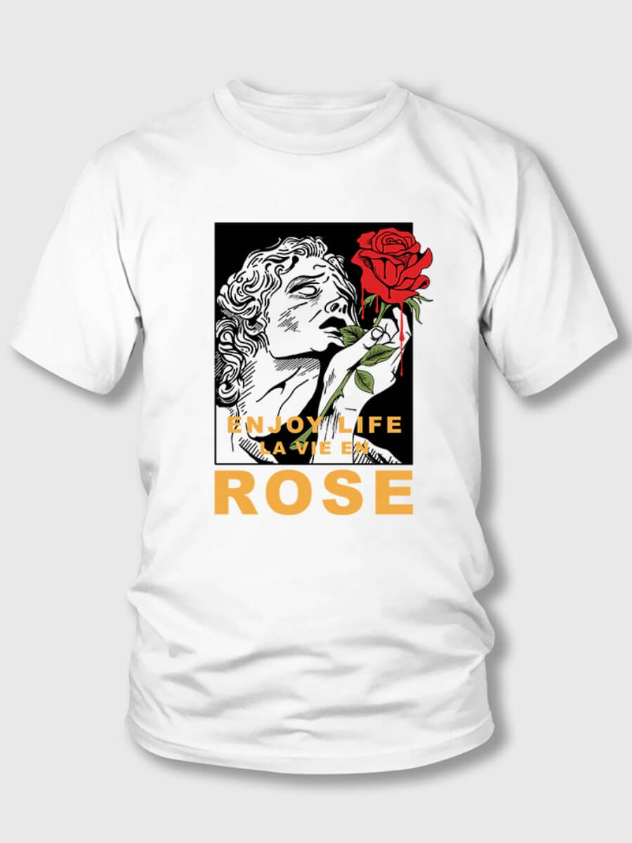 

Lovely Men Casual O Neck Letter Rose Print White T-shirt