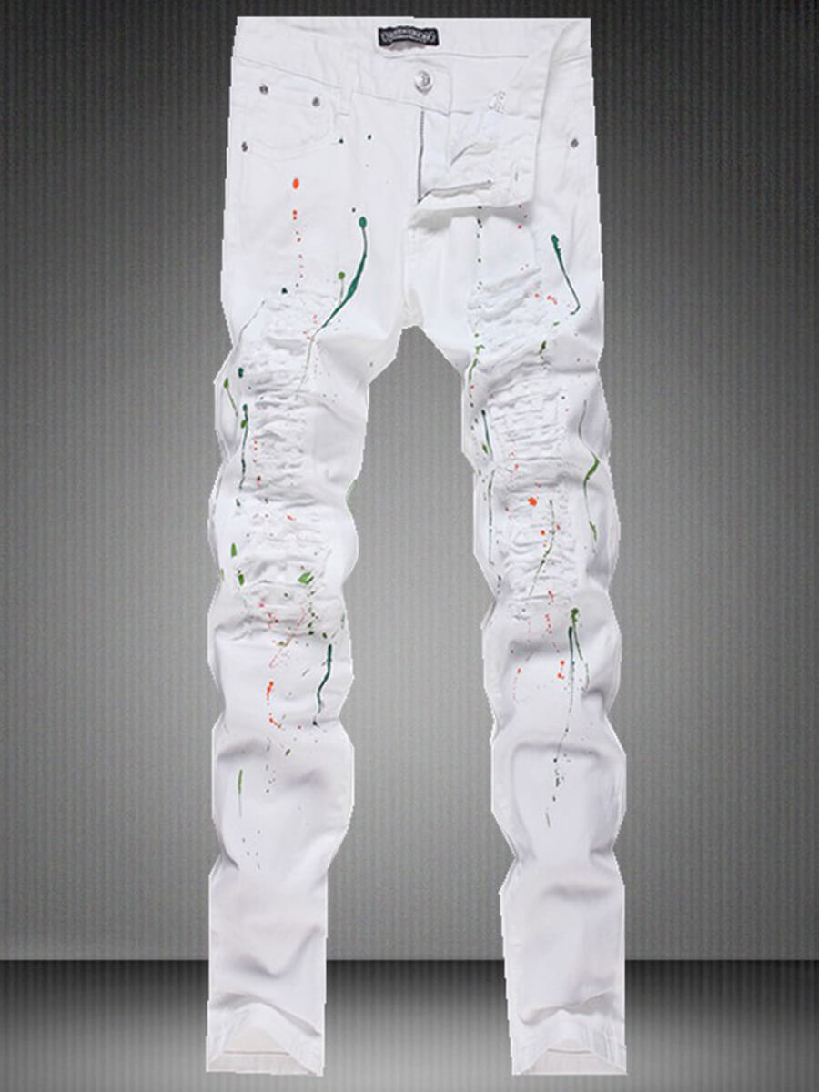 

Lovely Casual Broken Holes Splash Ink Print White Men Jeans