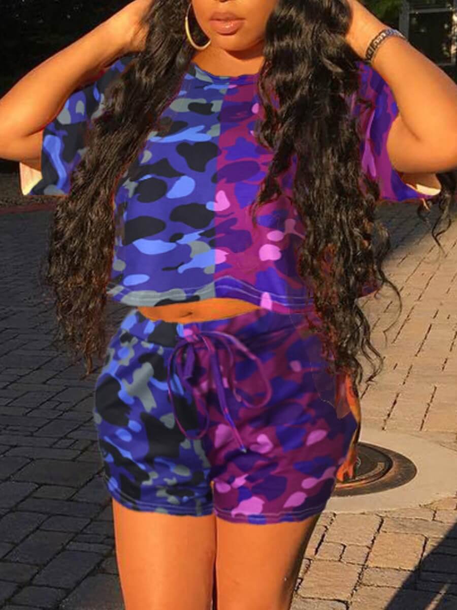 

Lovely Chic O Neck Camo Print Patchwork Blue Two Piece Shorts Set