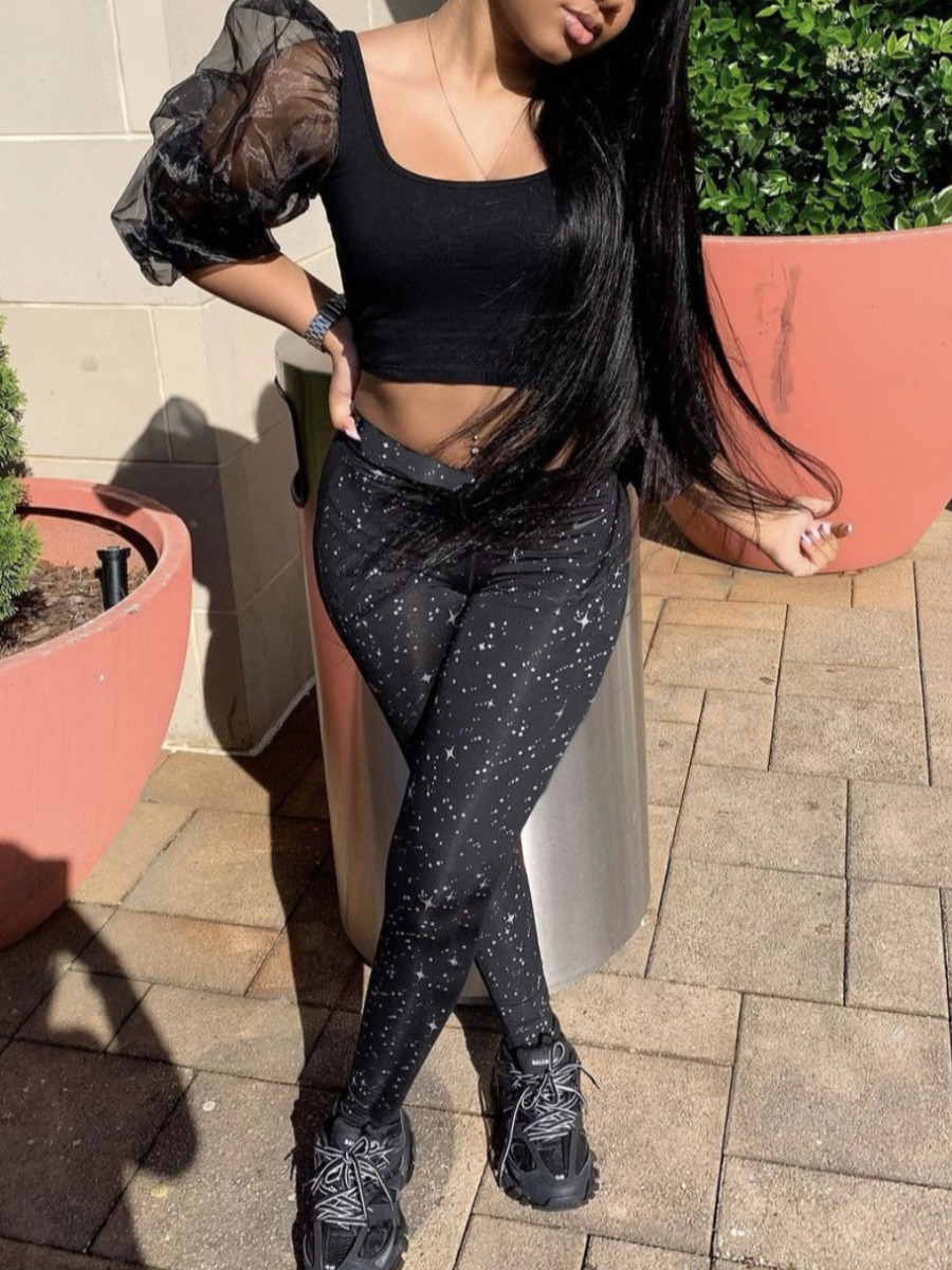 

Lovely Sweet Ruffle Design Mesh Patchwork Black Two Piece Pants Set
