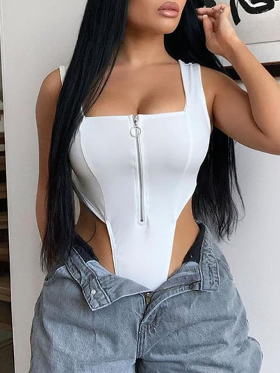 

Lovely Casual Square Neck Zipper Design White Bodysuit
