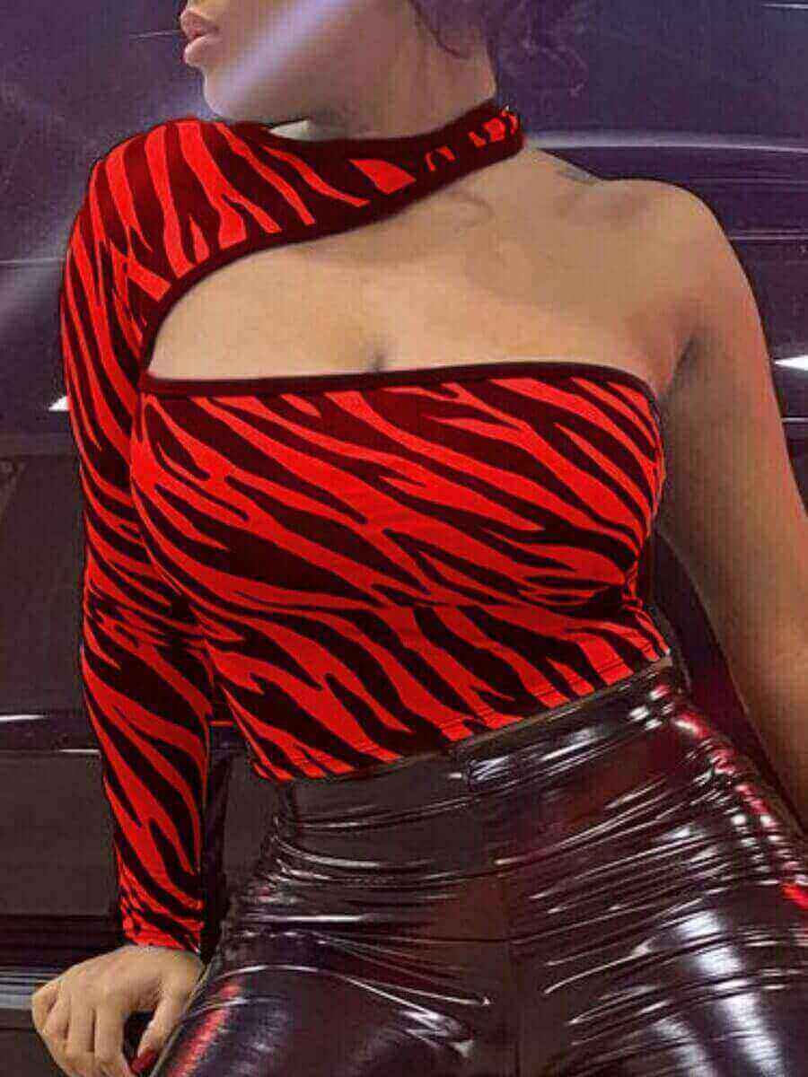 

Lovely Chic One Shoulder Animal Print Red T-shirt