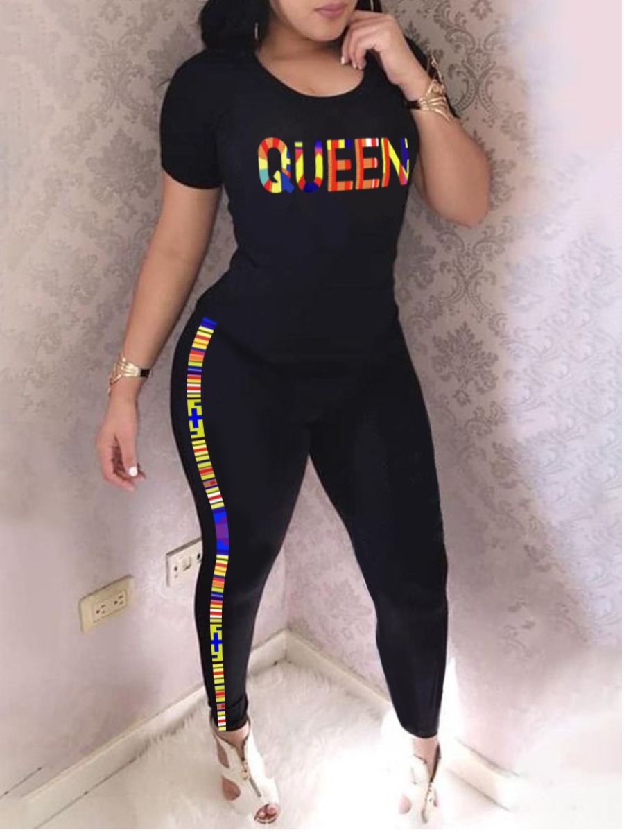 LW Queen Letter Print Striped Pants Set