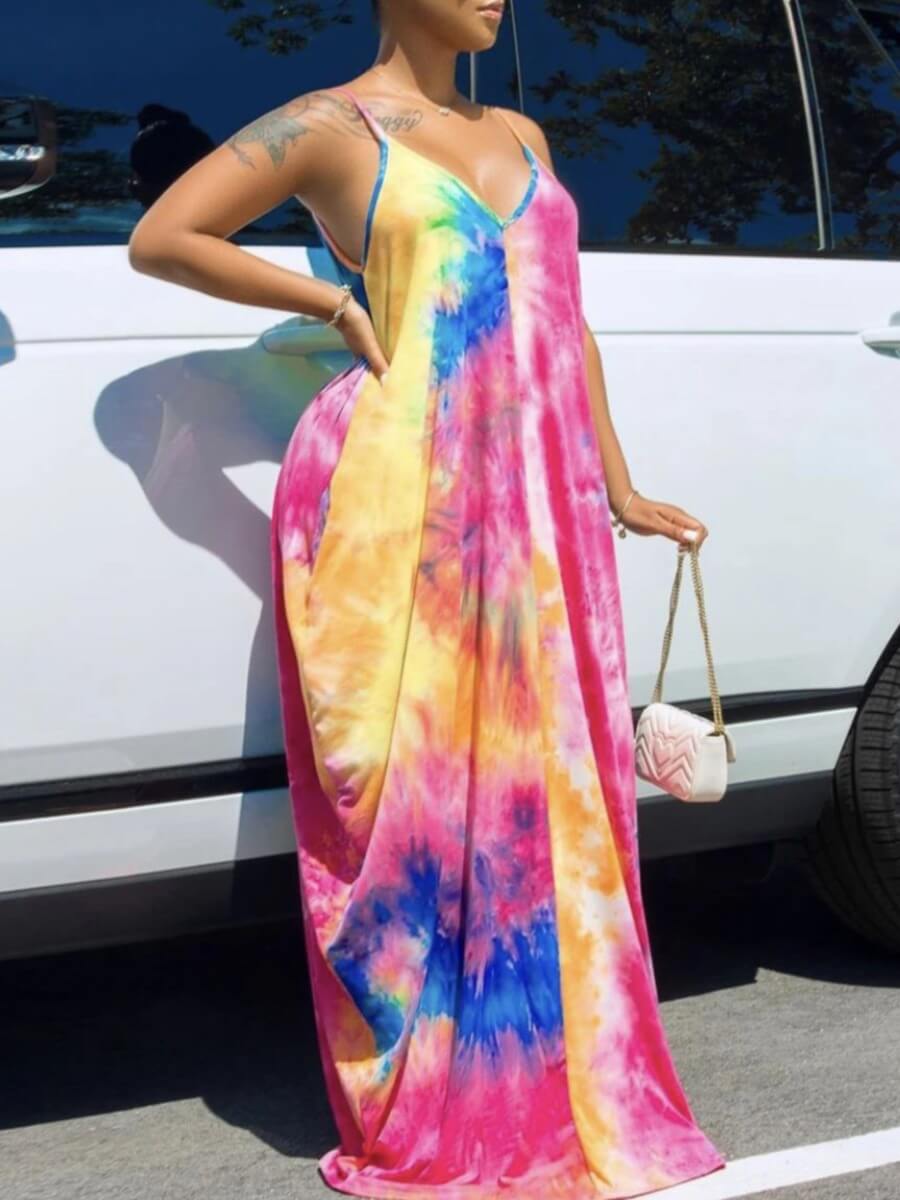 

Lovely Casual V Neck Tie-dye Multicolor Floor Length Dress, Multi