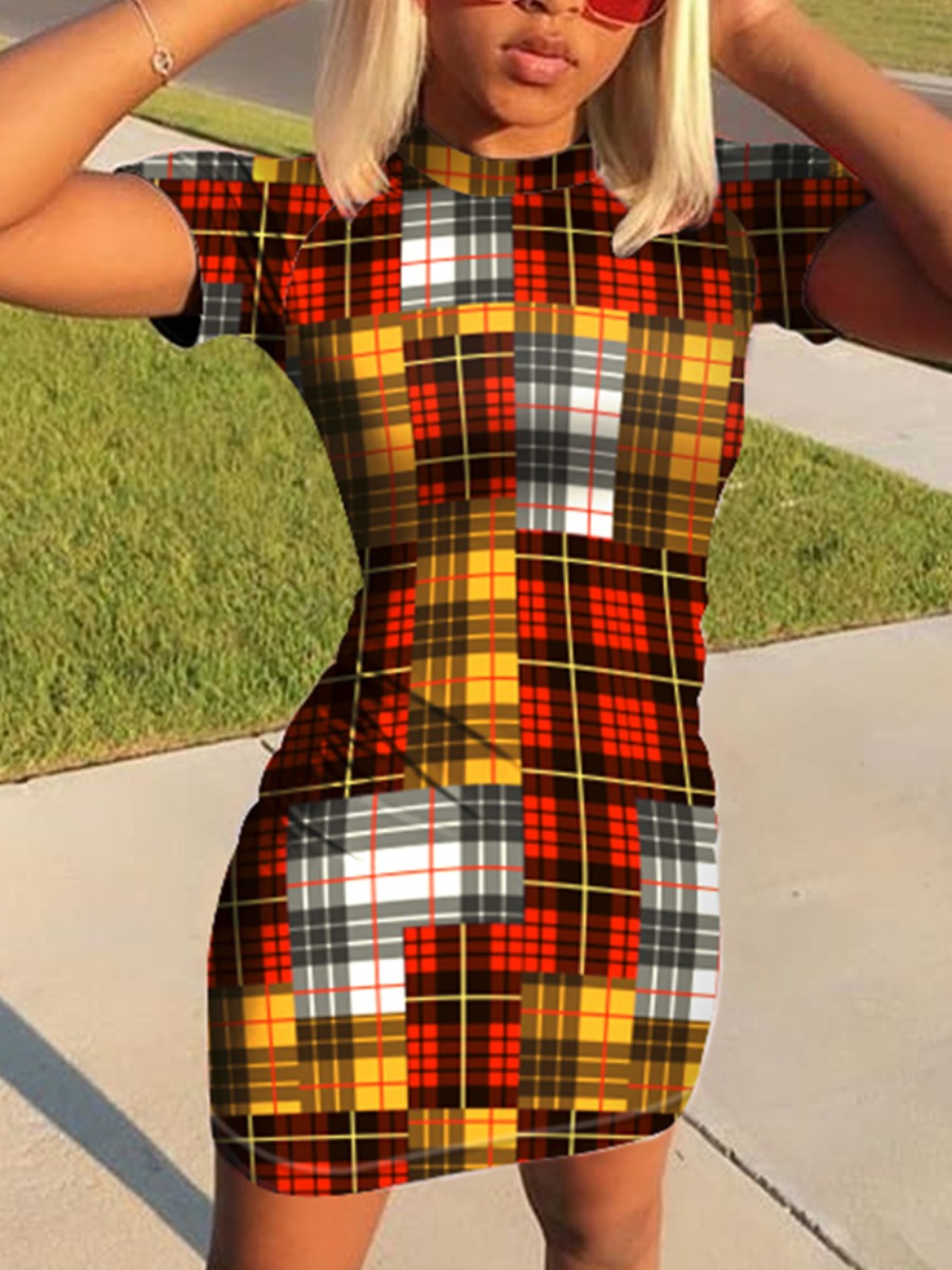 

LW Chic Plaid Print Patchwork Multicolor Knee Length Dress, Multicolor lattices