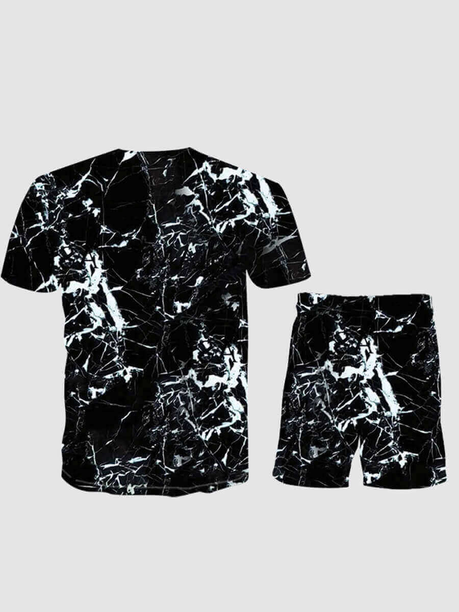 LW Men Casual Tie Dye Drastring Black Two Piece Shorts Set