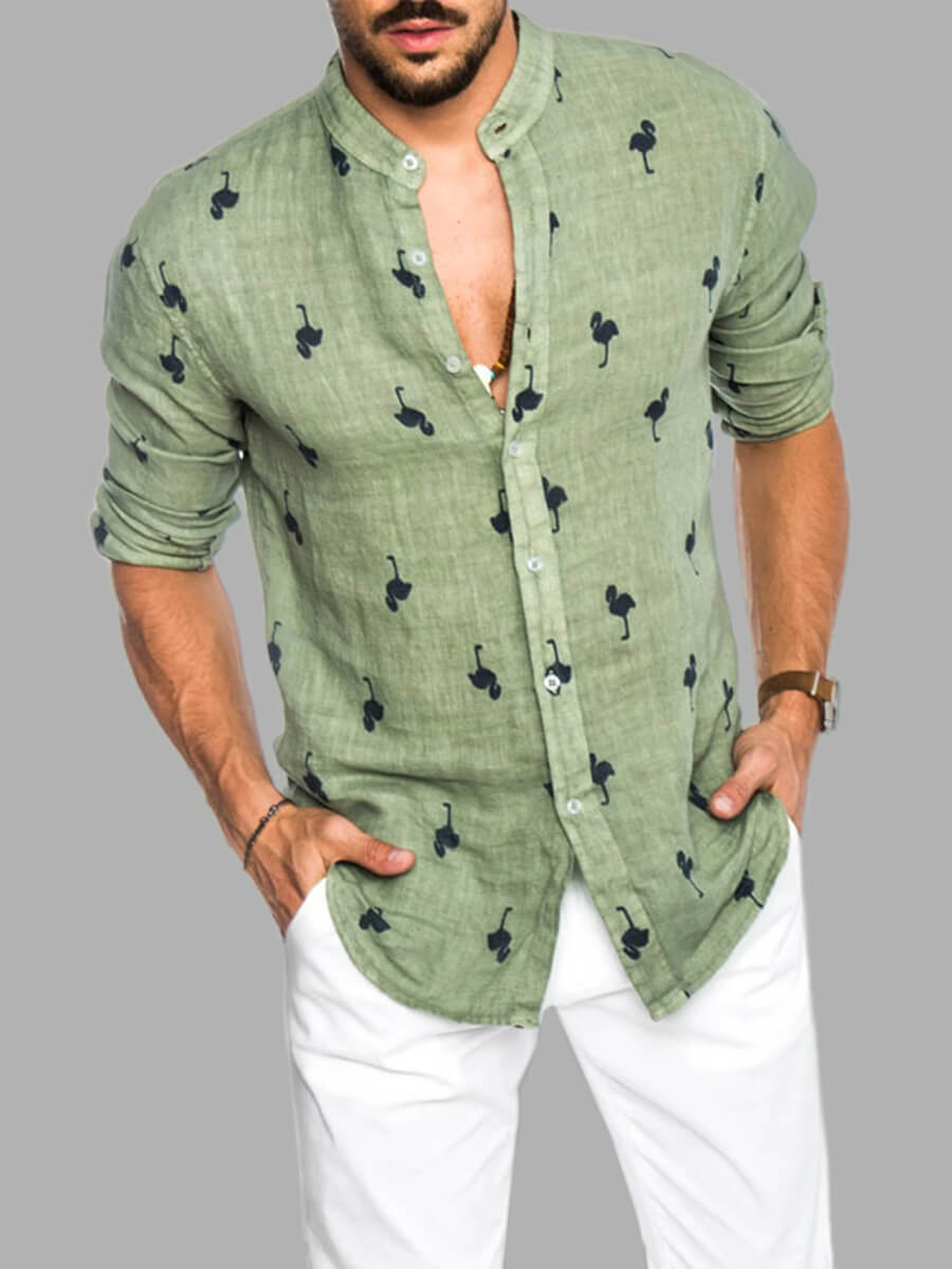 

Lovely Men Casual Turndown Collar Animal Print Green Shirt