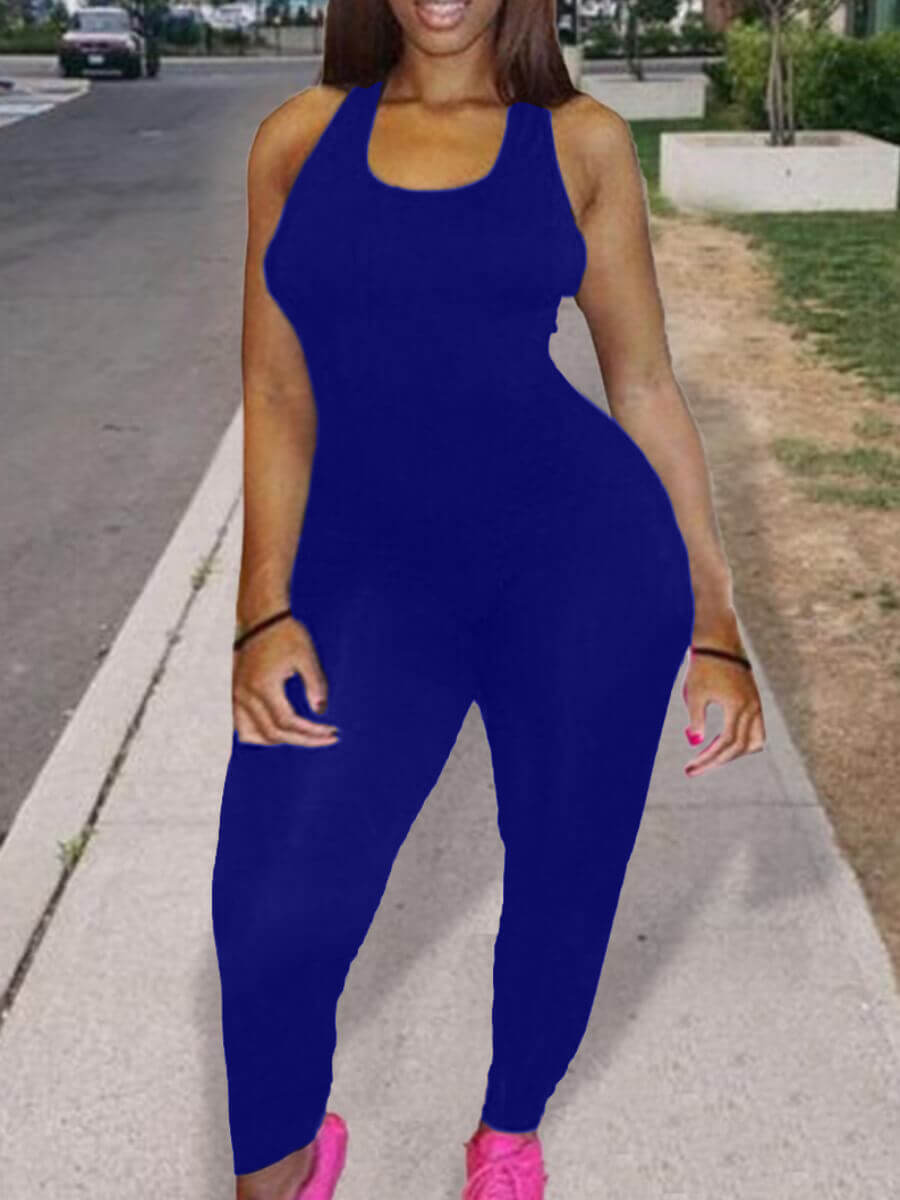 

Lovely Sportswear U Neck Skinny Blue One-piece Jumpsuit