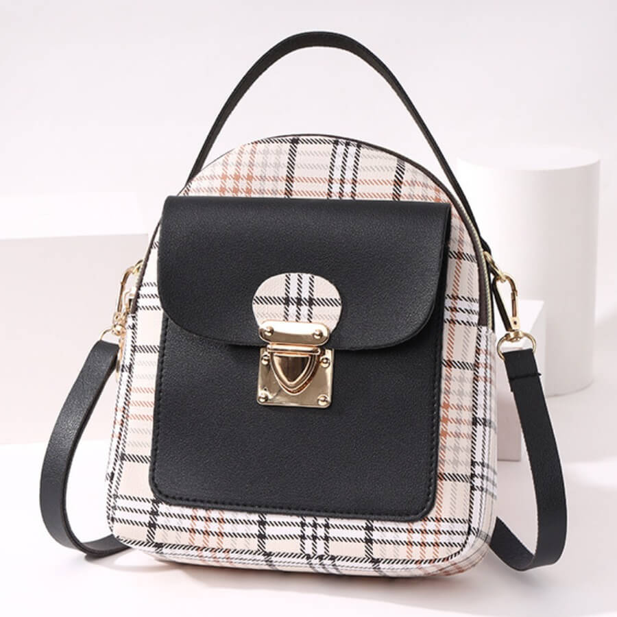 LW Faux Leather Plaid Print Metal Accessories Decor Crossbody Bag
