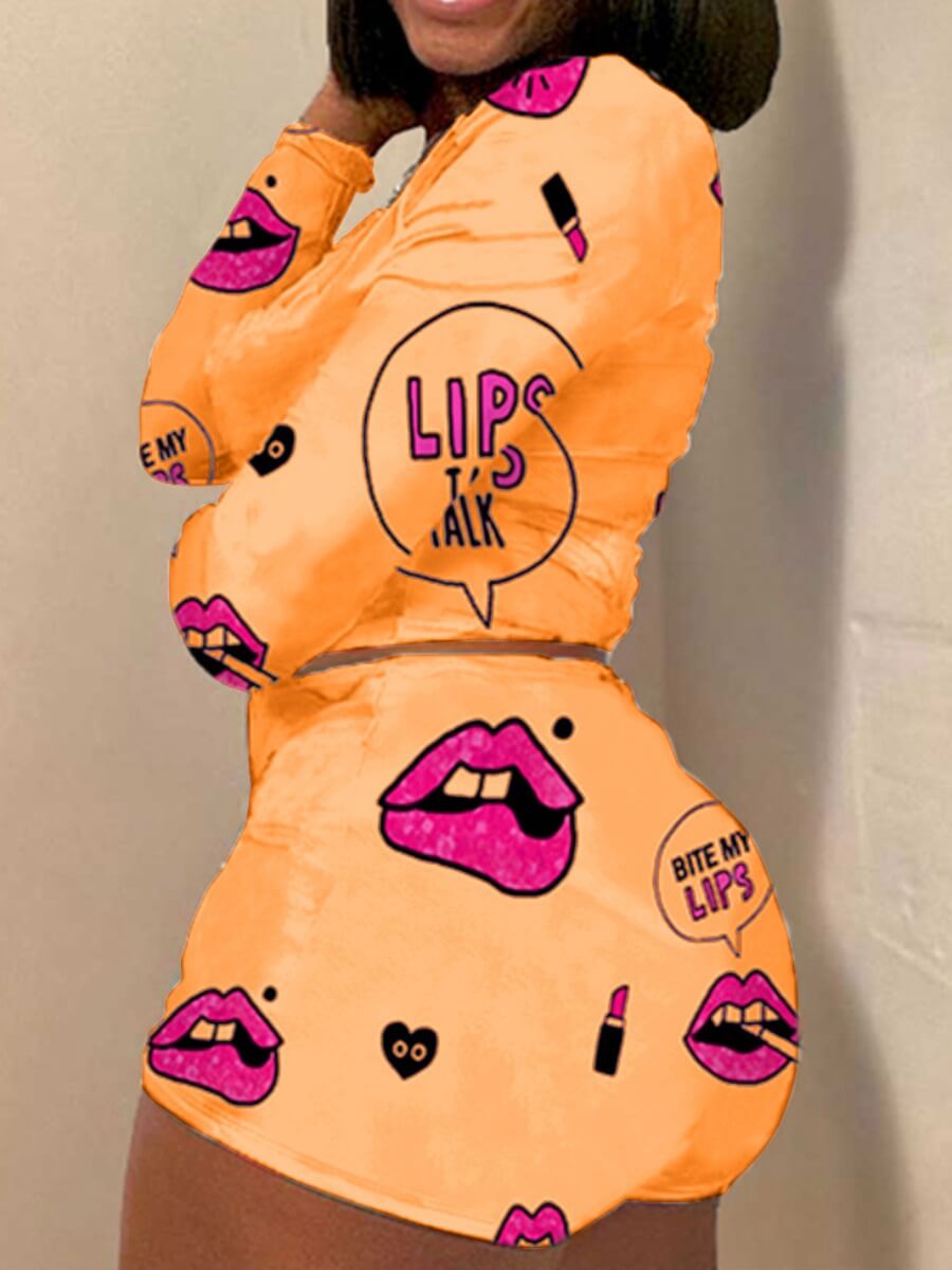 Lovely Stylish Lip Letter Print Orange Two Piece Shorts Set