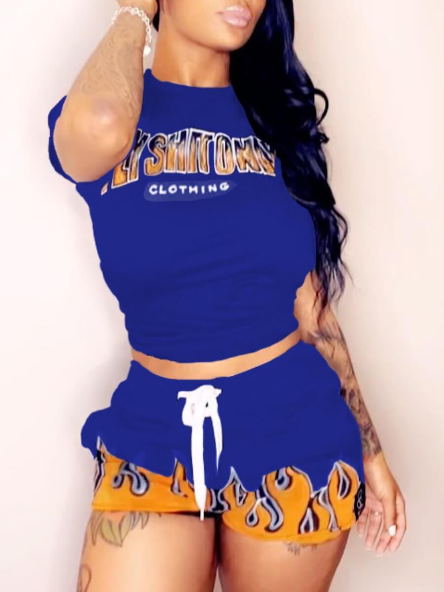 

LW Casual Letter Print Drawstring Blue Two Piece Shorts Set
