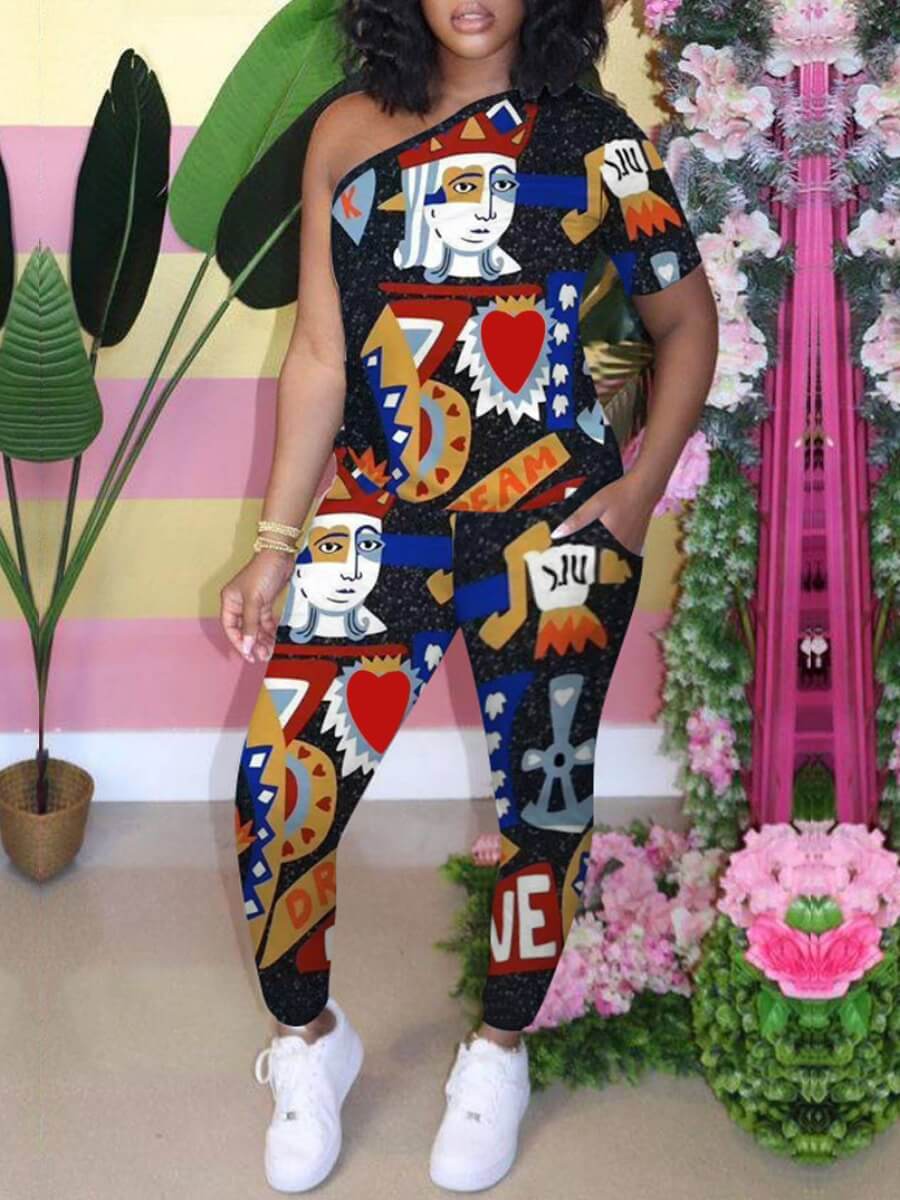 

Lovely Chic One Shoulder Graffiti Print Black Two Piece Pants Set