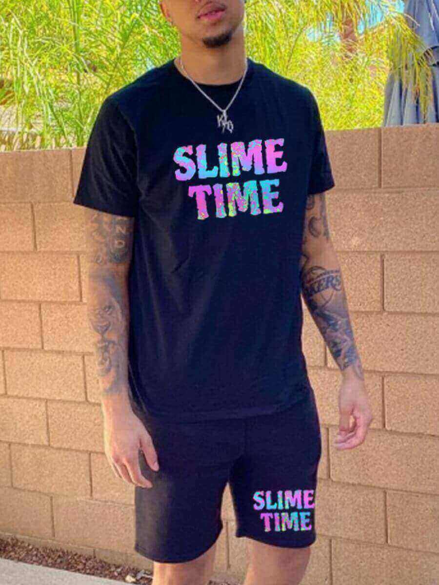

LW Men Casual O Neck Letter Print Black Two Piece Shorts Set