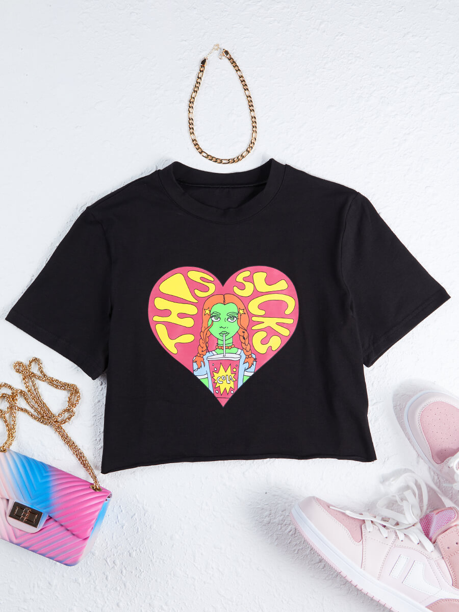 

Lovely Casual O Neck Heart-shaped Print Black T-shirt