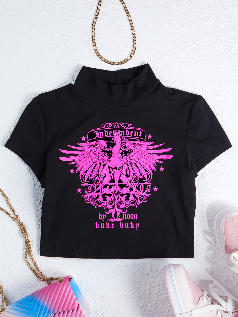 

Lovely Casual Half A Turtleneck Graffiti Print Black T-shirt