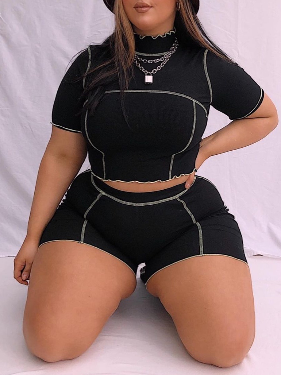 

Lovely Casual Turtleneck Striped Black Plus Size Two-piece Shorts Set