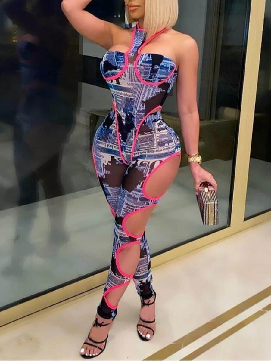 

Lovely Party Off The Shoulder Print Hollow-out Blue One-piece Jumpsuit