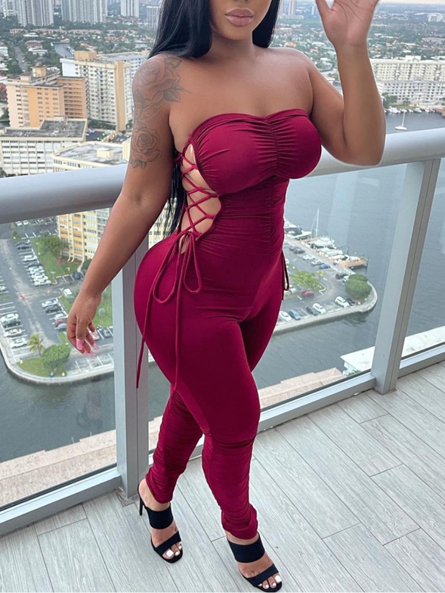 

LW BASICS Street Bandage Hollow-out Design Red One-piece Jumpsuit