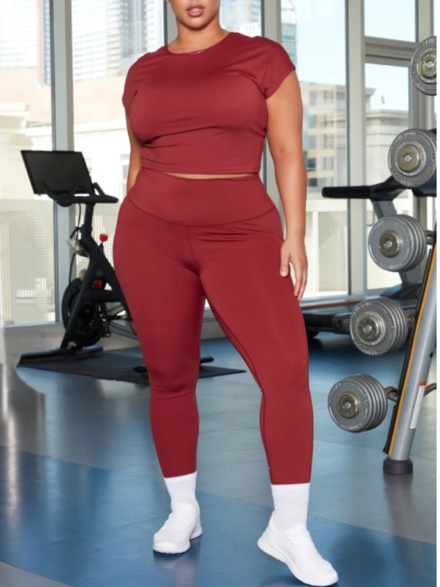LW Plus Size Casual Twisted Hollow-out Wine Red Two-piece Pants Set