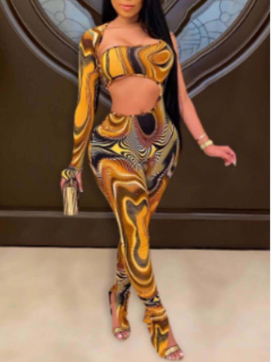 

Lovely Party Hollow-out Asymmetrical Print Yellow One-piece Jumpsuit