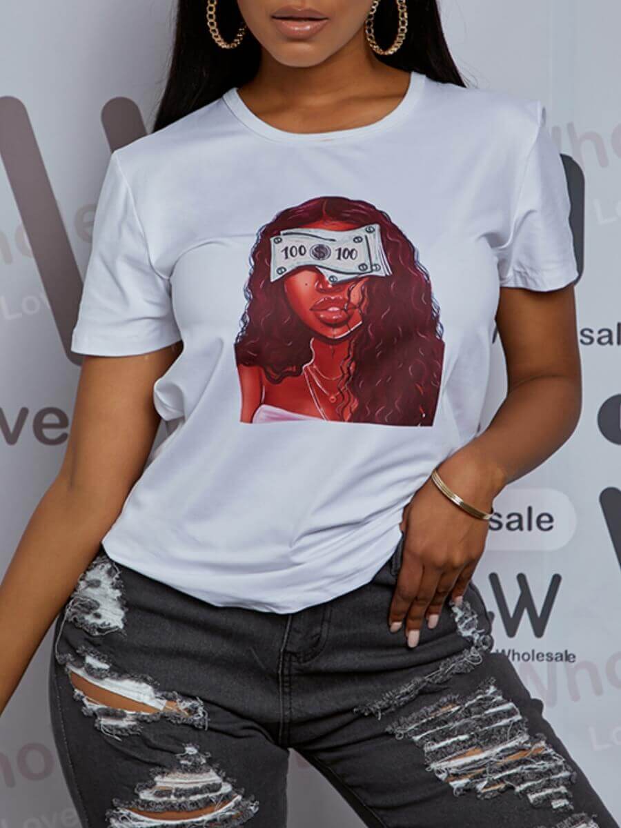 

Lovely Casual O Neck Portrait Print Coffee T-shirt