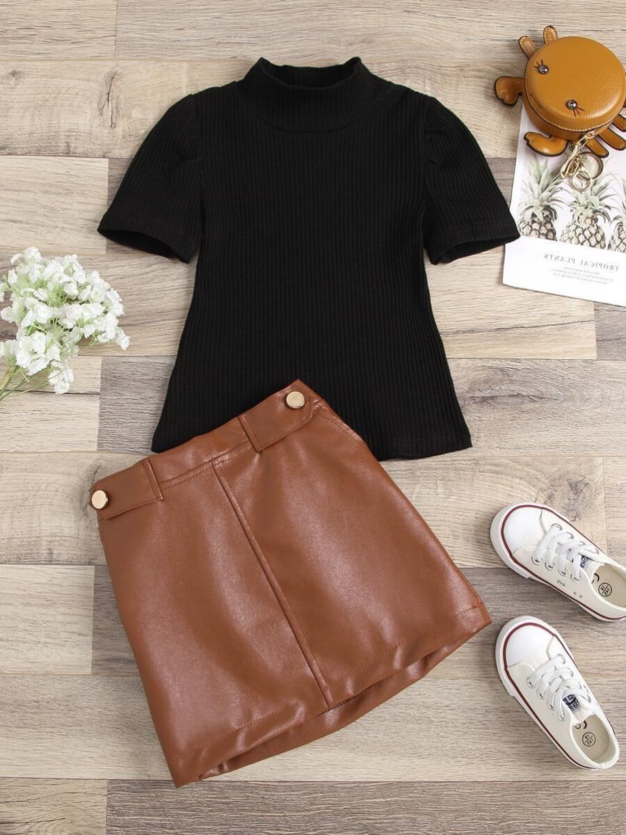 

Lovely Formal Turtleneck Rib-Knit Button Design Black Girl Two Piece Skirt Set