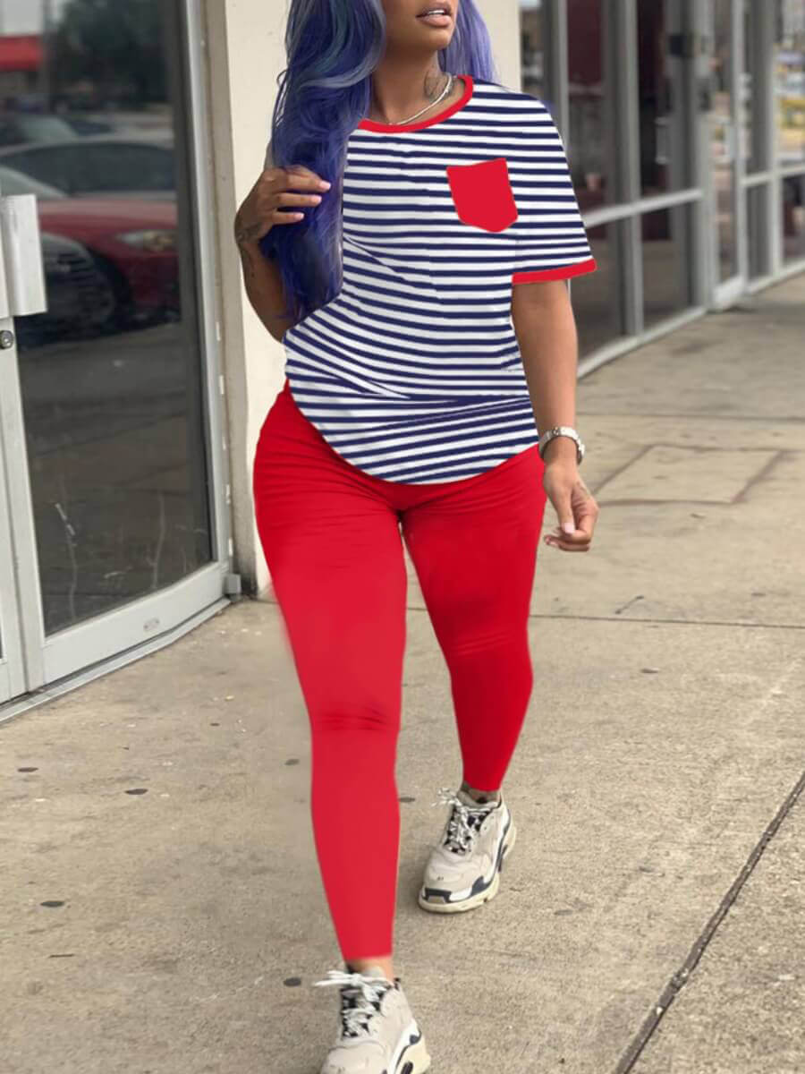 

LW COTTON Plus Size Casual Striped Patchwork Red Two-piece Pants Set