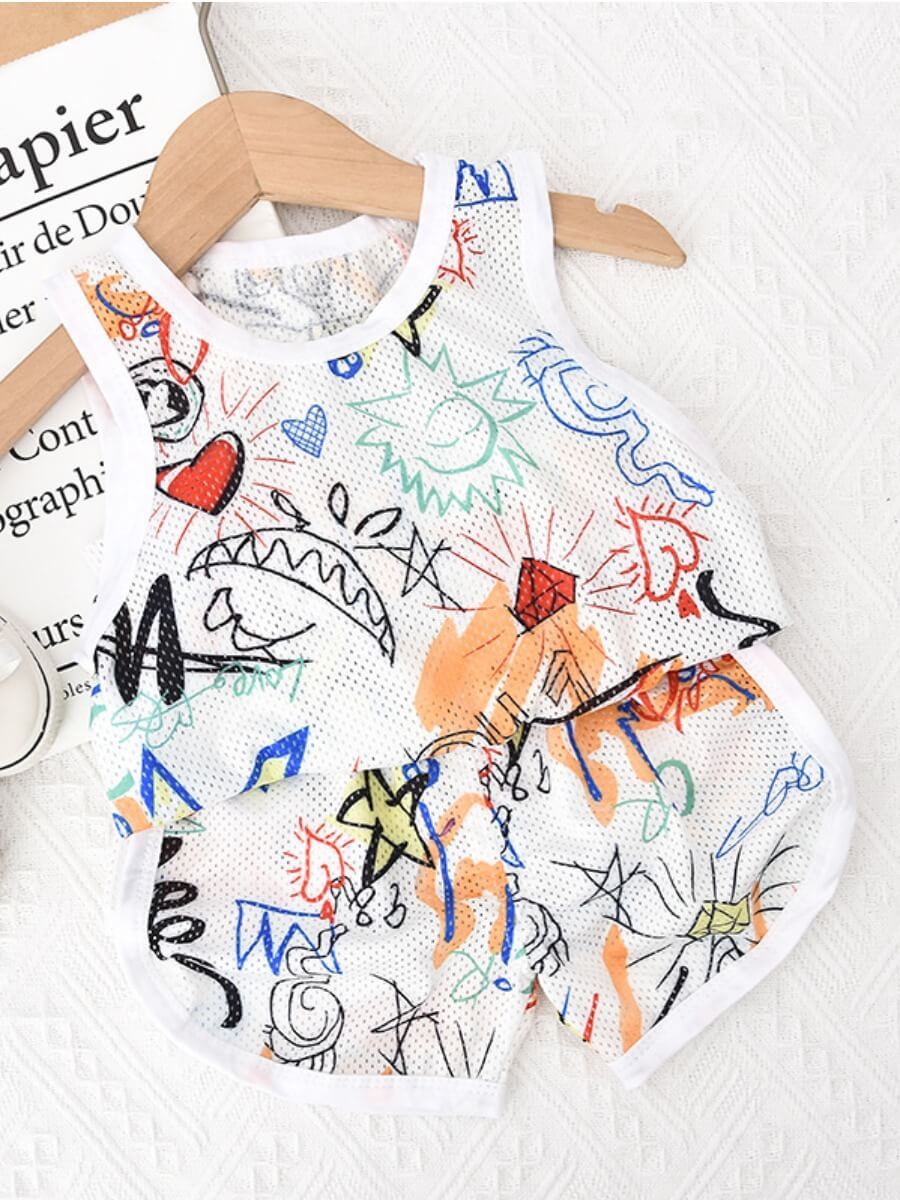 

Lovely Street Graffiti Print Hollow-out White Boy Two Piece Shorts Set