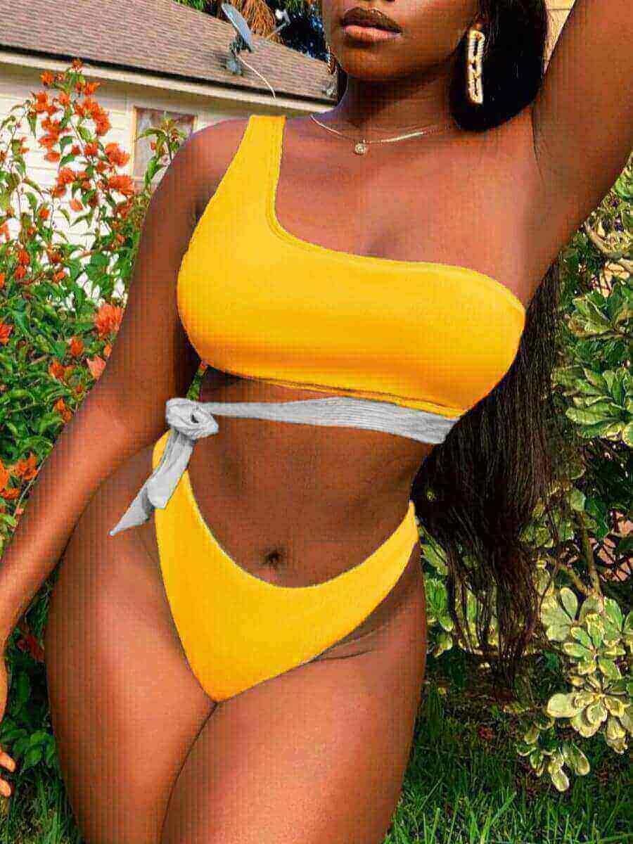 

LW Casual One Shoulder Bandage Design Yellow Tankini